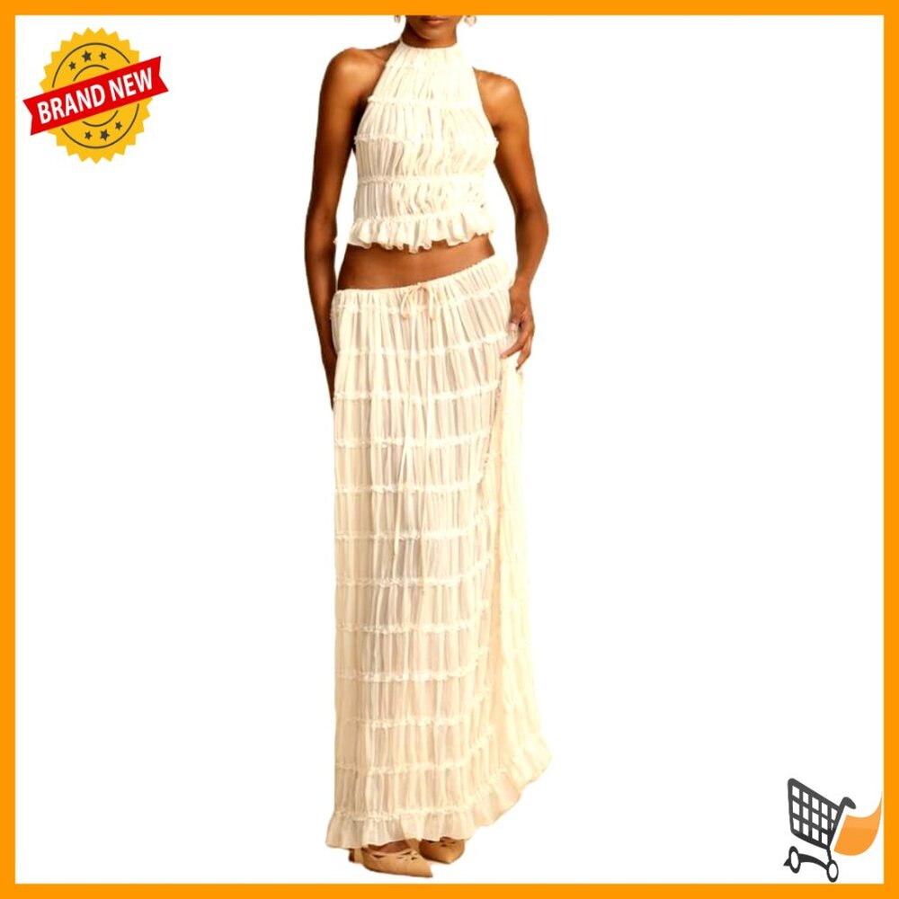 Sleeveless Mesh Top And Flowy Maxi Skirt Set, Polyester Blend, Size Medium